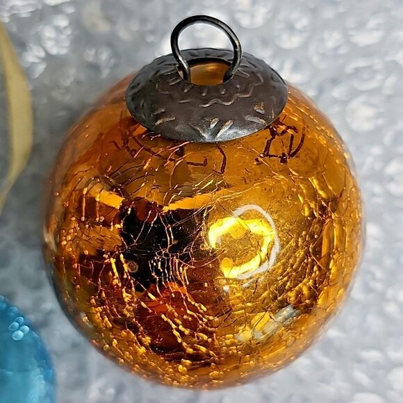Crackle Glass Pair Christmas Ornaments 2pcs Blue And Gold - Picture 2 of 11